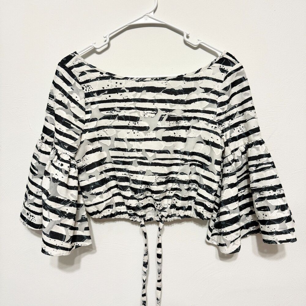 Milly Blouse Women Size Small Tie Waisted Crop Top Bell Sleeve Striped‎ High Low